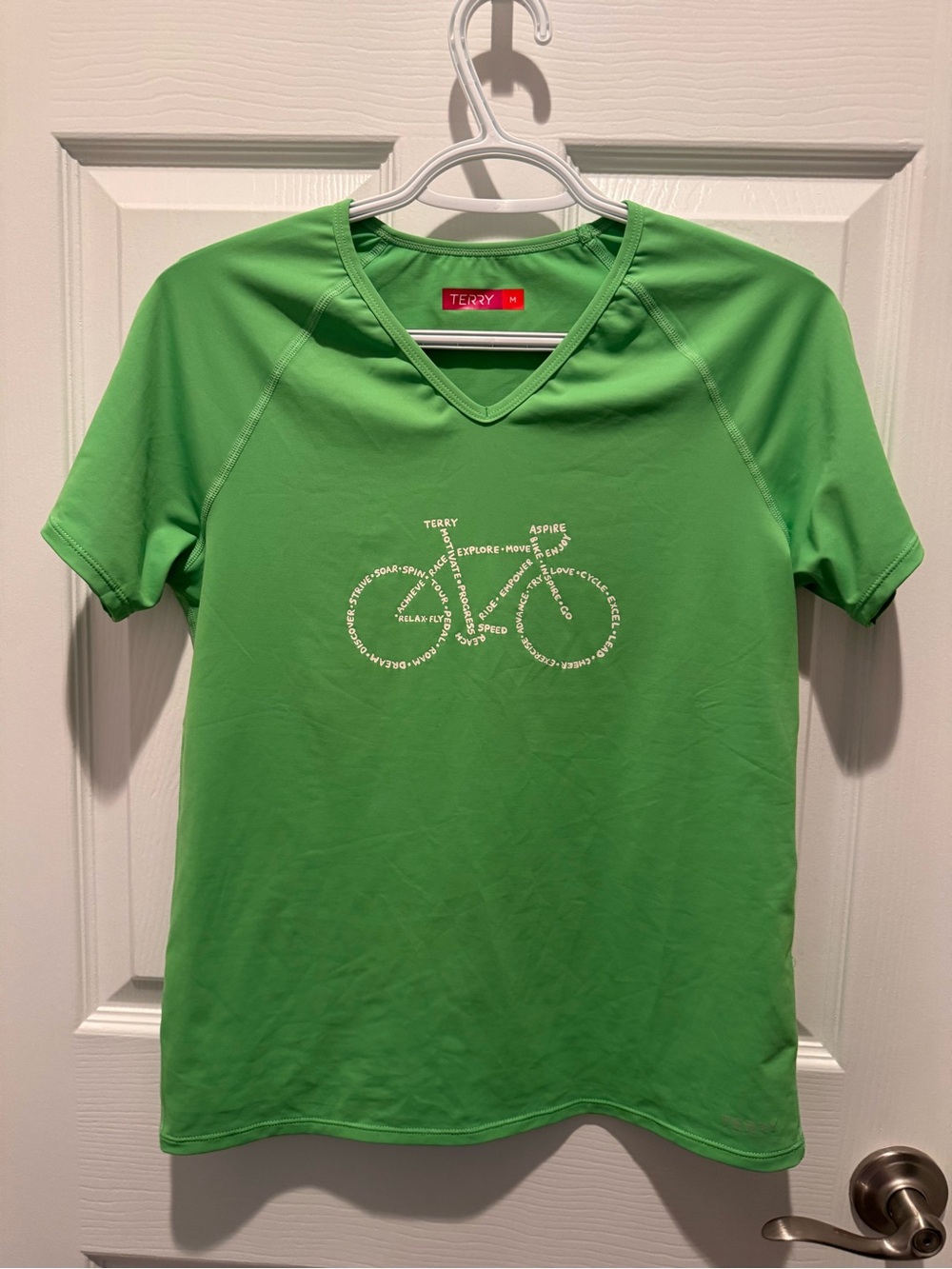 Womens Green V-Neck Active Shirt with Bicycle Print